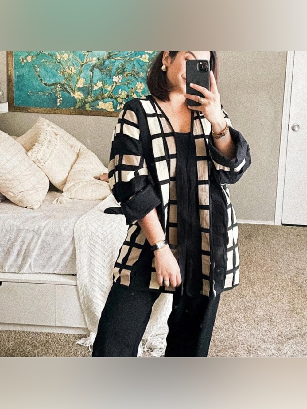 Yak Magik Black & Cream Colorblock Ribbon Weave Grid Open Front Jacket